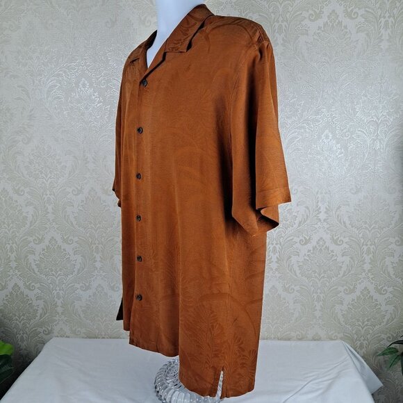 Tommy Bahama Size Large 100% Silk Rust Color Button Front Short Sleeve Shirt - Picture 6 of 13